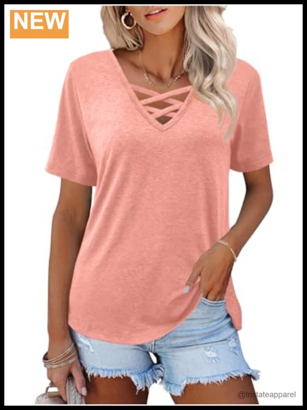 Womens Short Sleeve V Neck Criss Cross Loose Casual Blouse Top